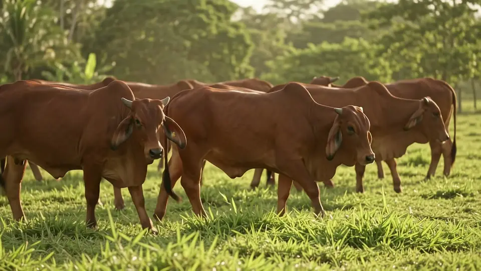 Ganado Brahman rojo pastando en un potrero en Colombia
