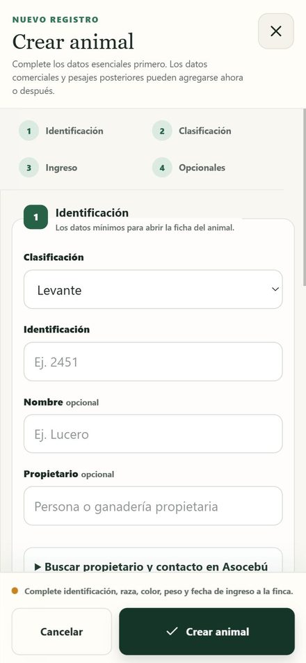 Formulario de identificación de un animal en Ganadero Connect