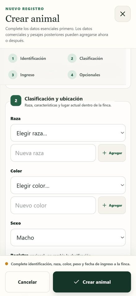 Formulario Crear animal, paso Clasificación y ubicación