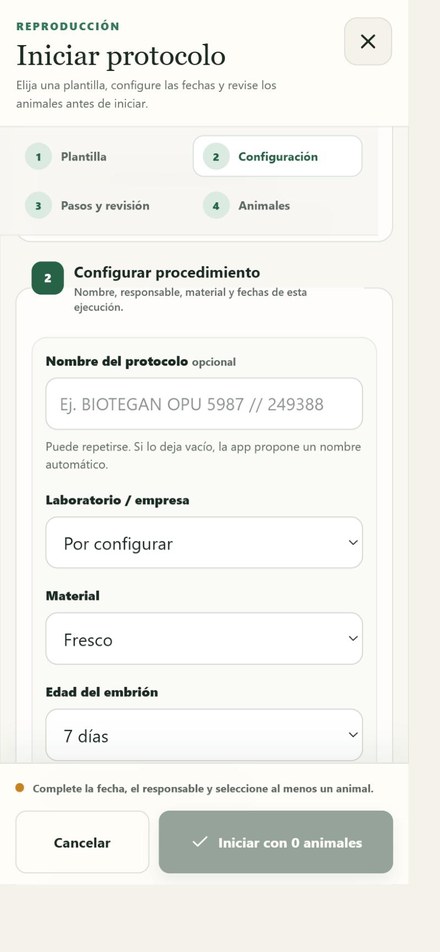 Paso Configurar procedimiento del asistente Iniciar protocolo en Ganadero Connect