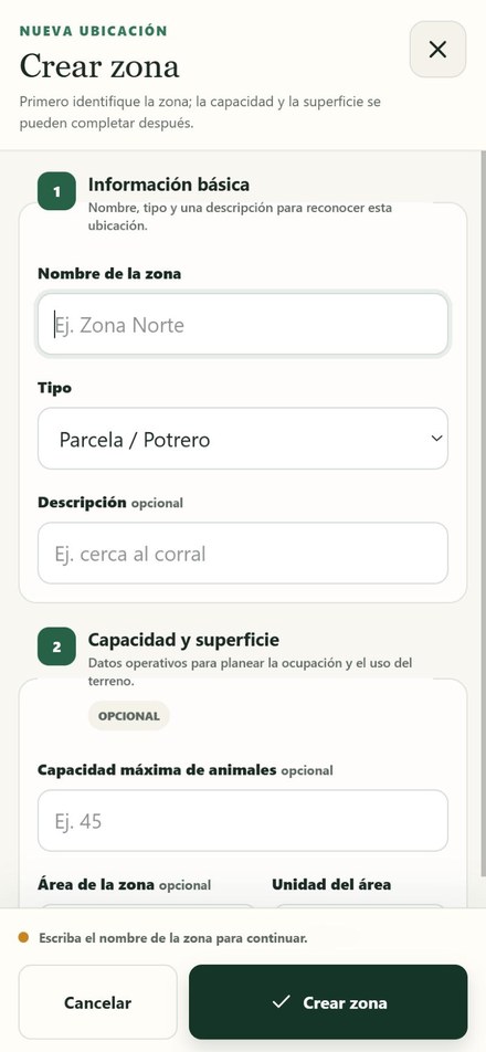 Formulario de información básica para crear una zona en Ganadero Connect