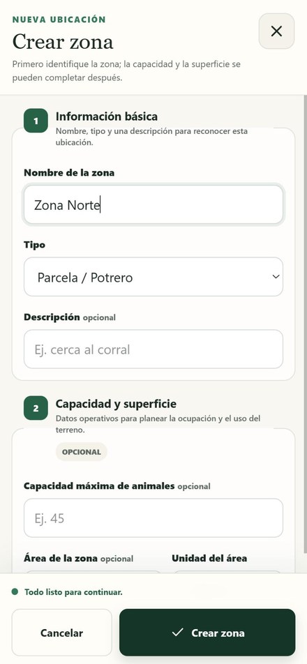 Formulario con el botón Crear zona activo