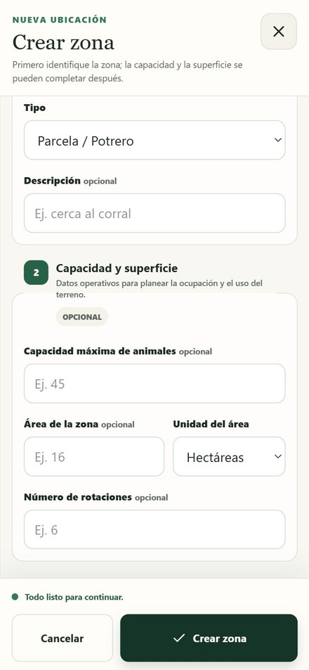Formulario Crear zona, paso Capacidad y superficie (opcional)